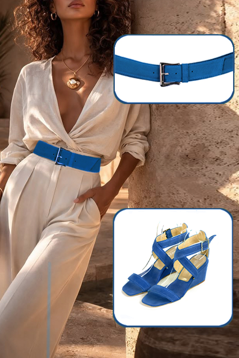Women's electric blue elegant fully open cross straps sandals. Square toe. Medium wedge heels - Worn view
